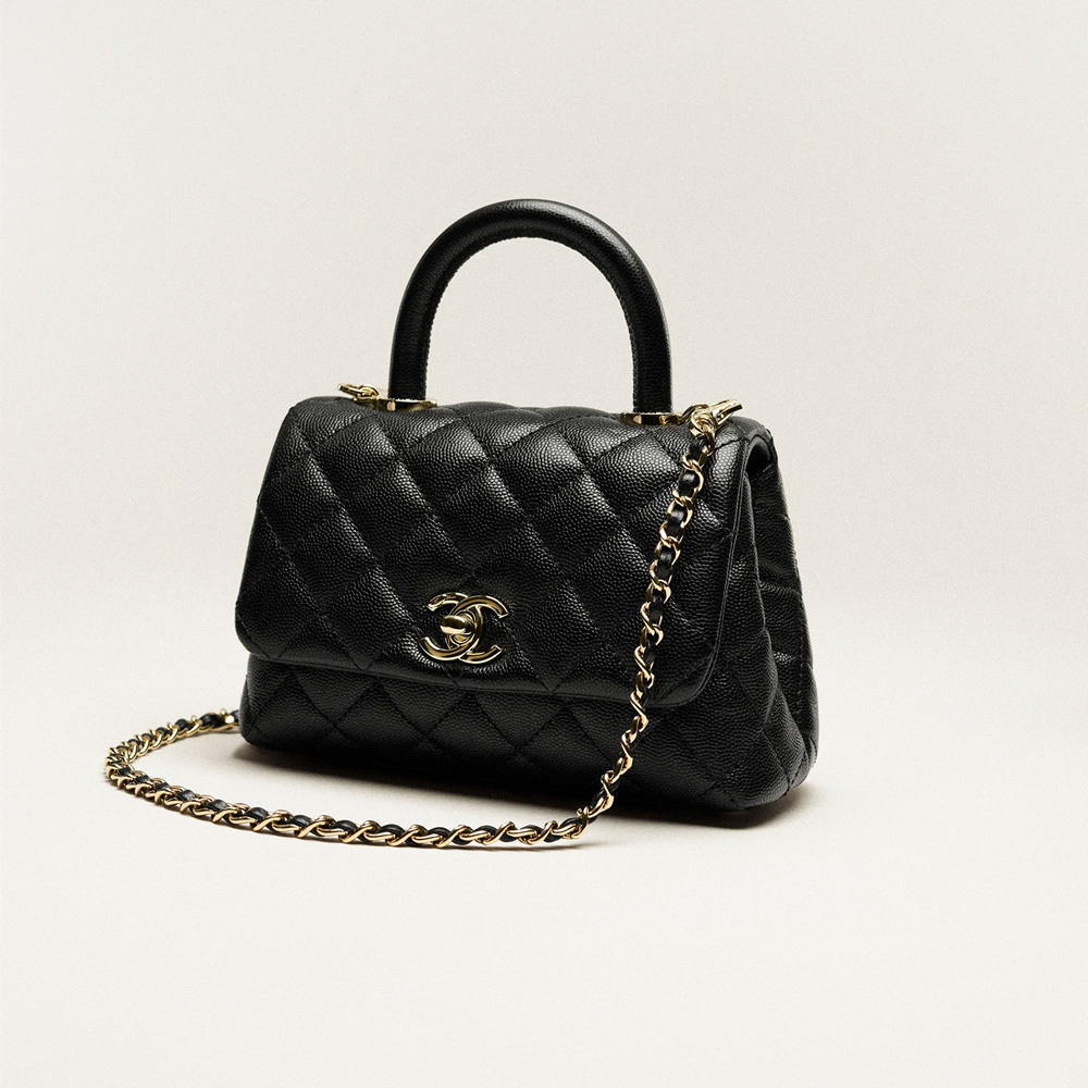 Chanel Flap Bag With Top Handle Grained Calfskin Gold-Tone Metal Caviar Texture Small Size Handbag